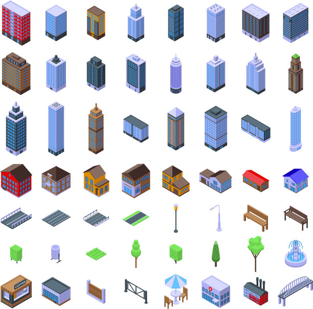 城市基础设施图标设置等距风格图片下载