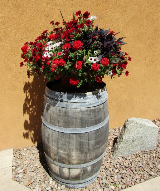 夏天的花在木桶里。图片下载