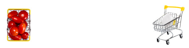 购物车里放着成熟的红西红柿，另一端放着一个新鲜的白鸡蛋。顶部和高角度视图。孤立在白色背景上。购物的概念。横幅的尺寸。本空间图片下载