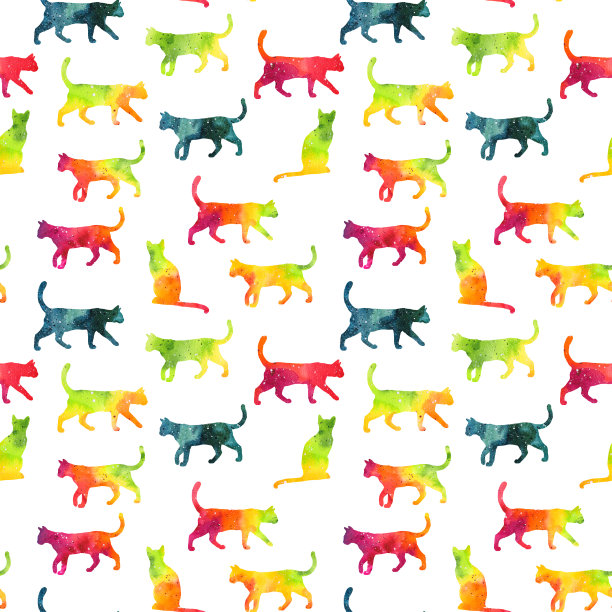 无缝模式与彩色彩虹的轮廓水彩猫孤立在白色的背景。图片下载