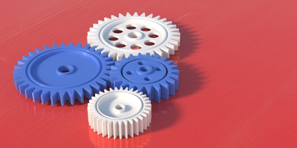 四个塑料齿轮隔离在红色背景上。三维演示图片下载