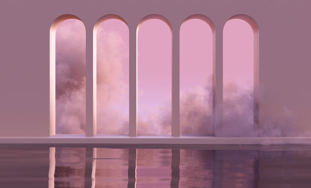 3D模拟的讲台与抽象的拱形水上云或烟在自然的粉红色日落光。抽象时尚的波西米亚背景产品介绍中世纪风格。图片下载