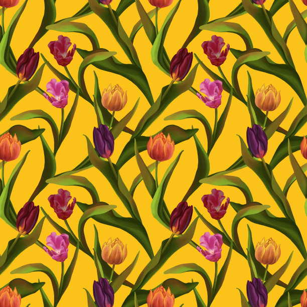 美丽的郁金香无缝图案。光栅数字插图上的现实主义风格。春暖花开，植物点缀。彩色设计的印刷，纺织品，织物，壁纸，装饰，背景，包装。图片下载