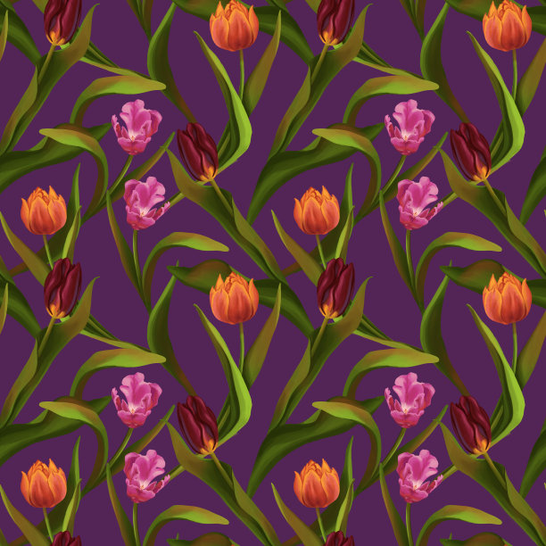 美丽的郁金香无缝图案。光栅数字插图上的现实主义风格。春暖花开，植物点缀。彩色设计的印刷，纺织品，织物，壁纸，装饰，背景，包装。图片下载
