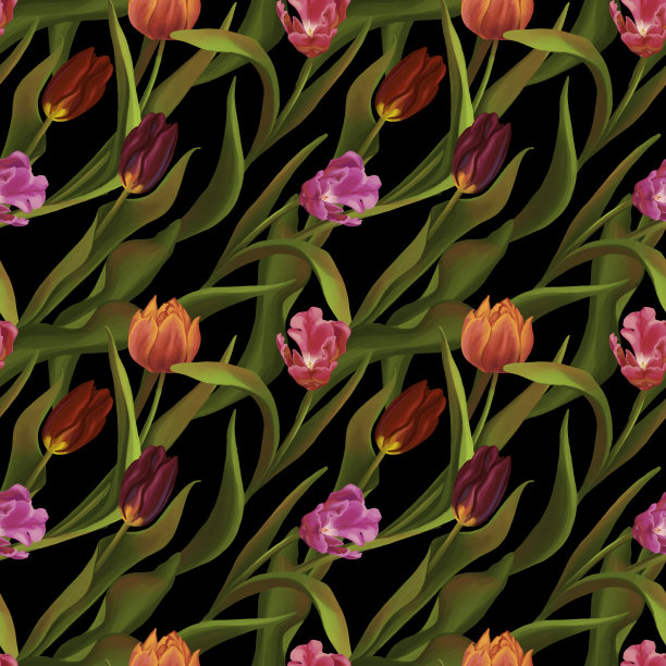 美丽的郁金香无缝图案。光栅数字插图上的现实主义风格。春暖花开，植物点缀。彩色设计的印刷，纺织品，织物，壁纸，装饰，背景，包装。图片下载