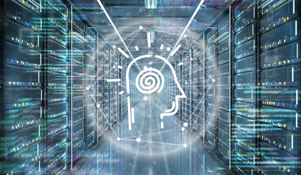 人工智能图标在服务器机房数据中心- 3d渲染图片下载