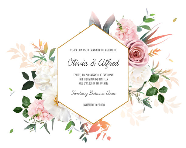 粉红玫瑰，绣球花，象牙牡丹矢量设计邀请框图片下载