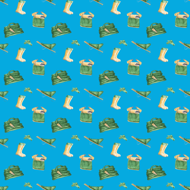 园艺工具无缝图案上的蓝色背景。水彩园林工具无穷无尽的打印。农舍手绘墙纸。花园围裙，软管，手推车，绳子，雨靴，手套。图片下载