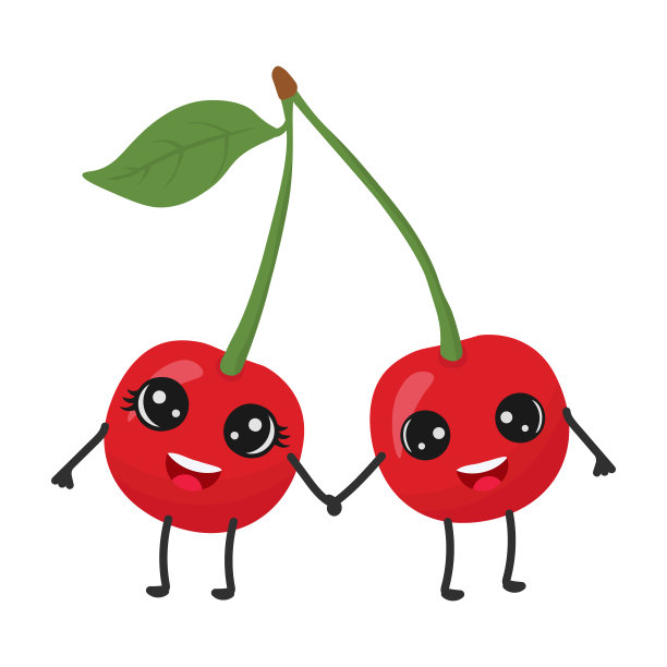 可爱的卡通樱桃。用有趣和健康的食物做插图。孤立在白色背景上。素食主义的概念图片下载