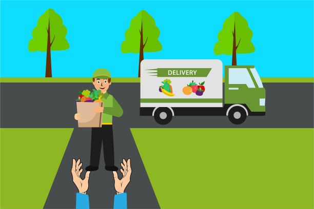 快乐的快递员送着满满一袋杂货图片下载