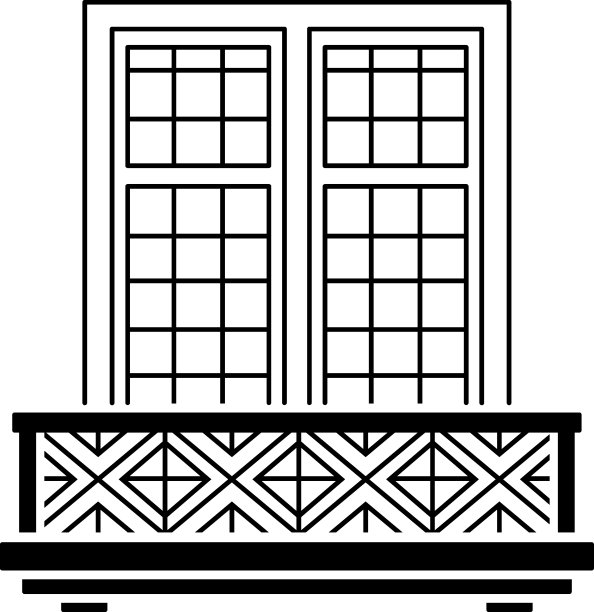 铝栅格窗钢栅栏概念矢量颜色图标设计，阳台正面视图符号，住宅外观设计理念与古典阳台立面库存插图图片下载