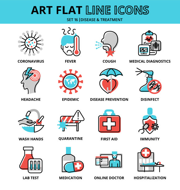 一套疾病和治疗图标，现代平面可编辑线设计矢量插图图片下载