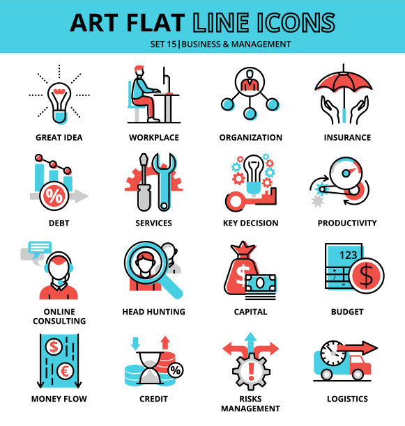 一套业务和管理图标，平面线设计矢量插图图片下载