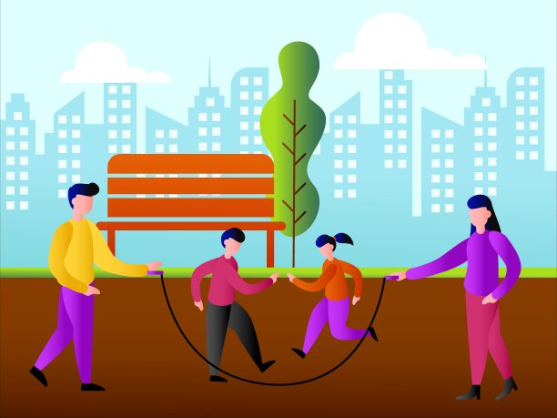 父母摇着绳子让孩子们跳绳图片下载