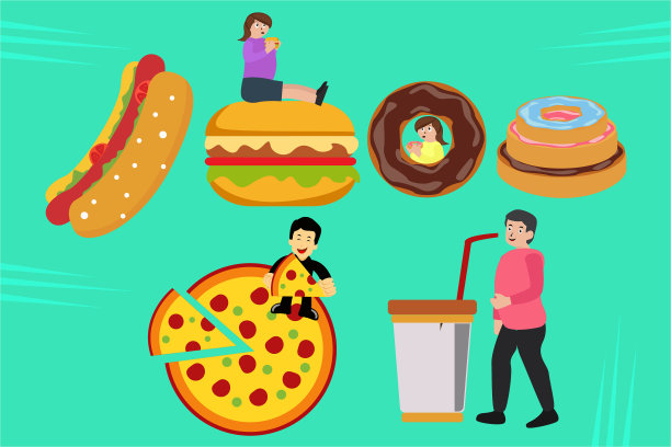 一群肥胖的人吃大垃圾食品的载体图片下载