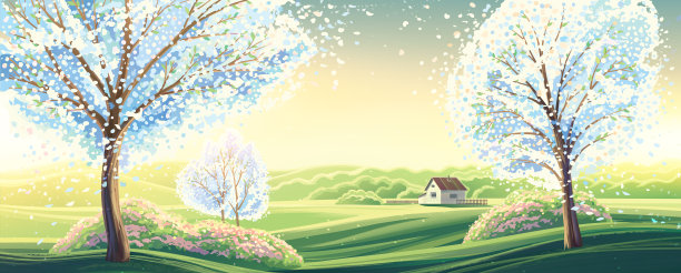 春景田园，树木开花图片下载