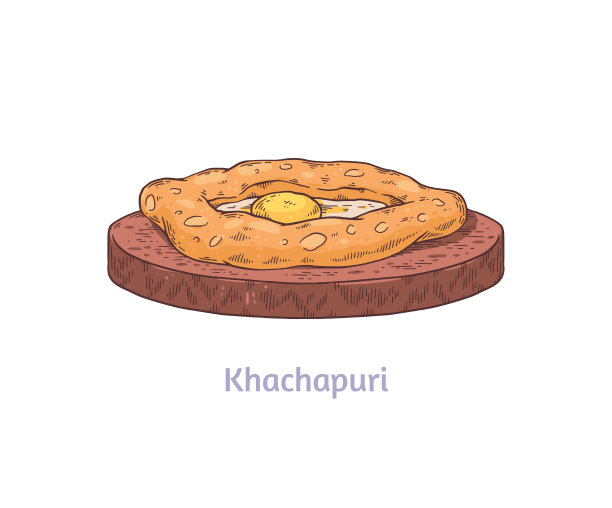 格鲁吉亚哈切布里蛋糕与鸡蛋，手绘矢量插图孤立。图片下载