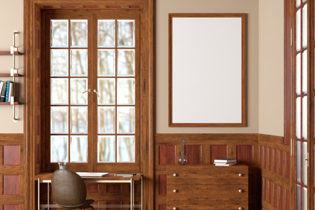 垂直空白海报模拟在米色墙壁在传统客厅内部。图片下载