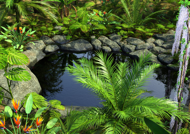 3D插图热带河流景观图片下载