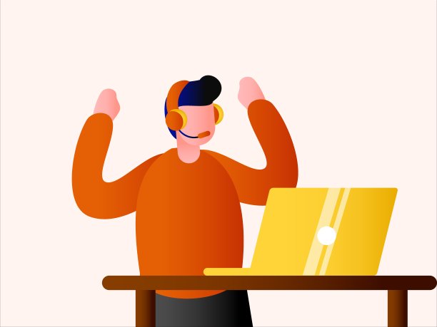 一名男子边听音乐边对着笔记本电脑欢呼图片下载