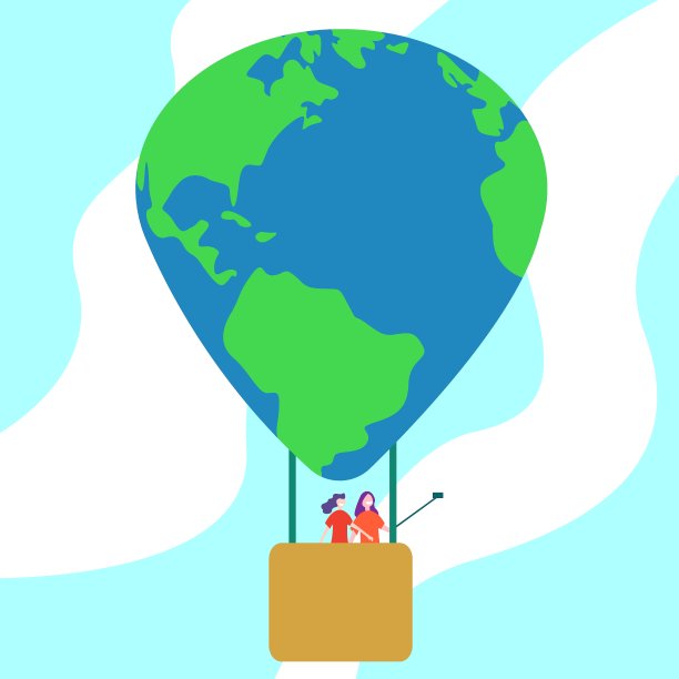 坐在地球气球上自拍的女人图片下载