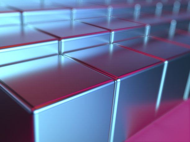 在聚焦透视图中呈现不同高度的亮蓝色块。有序立方体作为加密货币挖掘或数据存储的抽象可视化的插图。图片下载