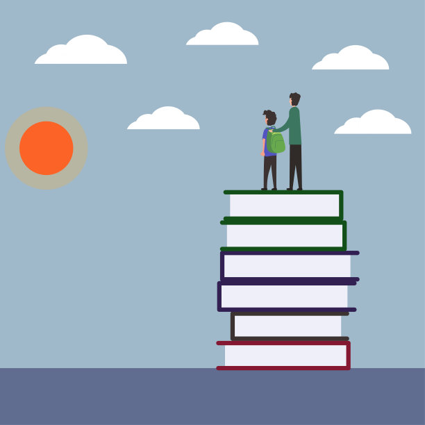 父亲和儿子一起在书上看日落图片下载