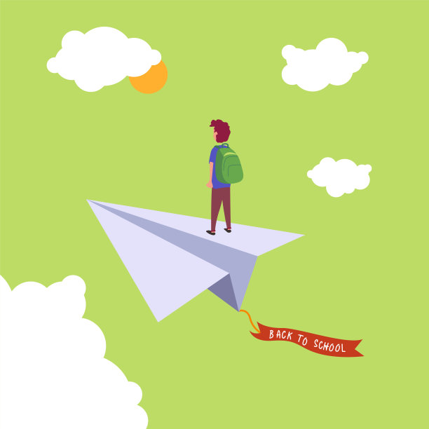 男孩背着背包，骑着纸飞机图片下载