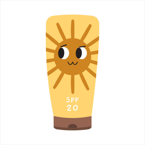 防晒的概念。可爱的防晒管与卡通微笑太阳。紫外线防护，防晒系数20的皮肤护理。平面向量插图。图片下载