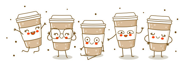 水平边界与可爱的咖啡杯孤立的白色快乐的卡通人物为有趣的设计图片下载