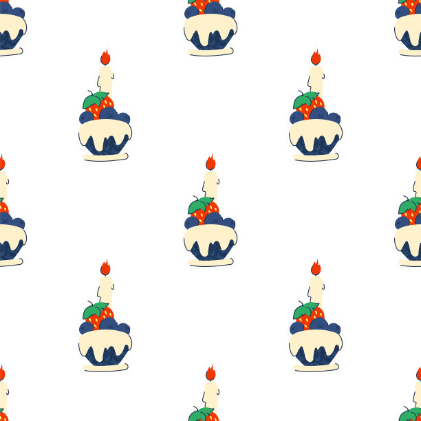 用浆果装饰的纸杯蛋糕无缝图案。生日装饰蜡烛的背景。糖果和烘焙的设计。向量图片下载