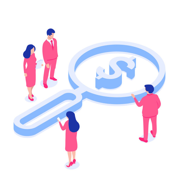 商业人士聚集在一个带着美元符号的放大镜前，讨论新的想法和解决方案。Сoncept寻找资金，投资。图片下载