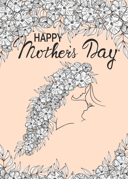 手绘矢量剪影的女人的脸，头发与花，婴儿在线艺术。妈妈抱着刚出生的孩子看着他。写“母亲节快乐”。母亲卡说明图片下载