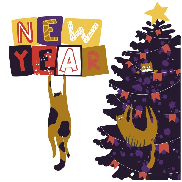 卡片新年快到了，有有趣的猫和圣诞树。孤立在白色背景上的dvector插图。漫画、涂鸦阶梯。庆祝，问候，冬天，花环与旗帜。刻字。图片下载