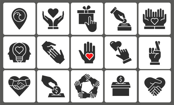 慈善机构的图标集。收集捐赠，志愿者，帮助，伙伴关系和更多。矢量插图上的白色。图片下载
