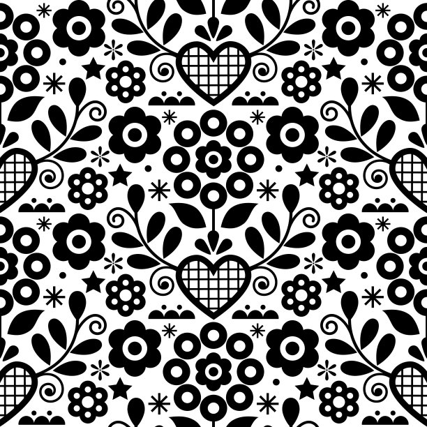 传统的花卉矢量无缝黑白图案完美的纺织品或织物印刷。灵感来自波兰Nowy Sacz的民间艺术图片下载