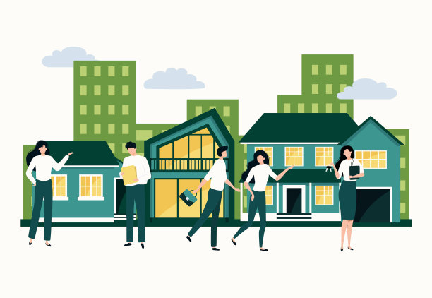 房地产。房产购买和抵押概念。中介负责向买家展示房屋。现代住宅和农舍住宅。矢量人买卖住宅和办公楼图片下载