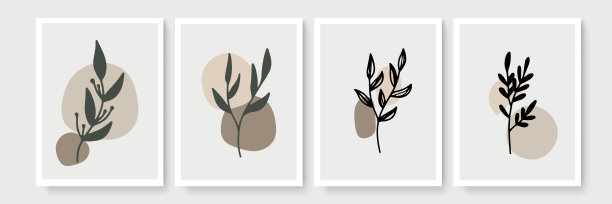 一套海报在最小的波西米亚风格与热带叶子。现代抽象的墙壁装饰与叶线艺术绘画。波西米亚抽象艺术设计收藏图片下载