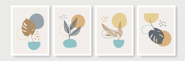 波西米亚叶线艺术绘画与抽象的形状。抽象植物艺术。现代抽象花卉叶子波西米亚风格图片下载