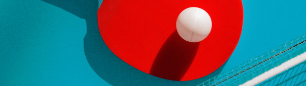俯视图网和桌上的红色球拍作为乒乓球横幅图片下载