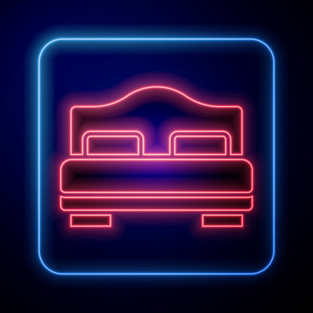 发光的霓虹灯酒店房间床图标孤立在蓝色图片下载