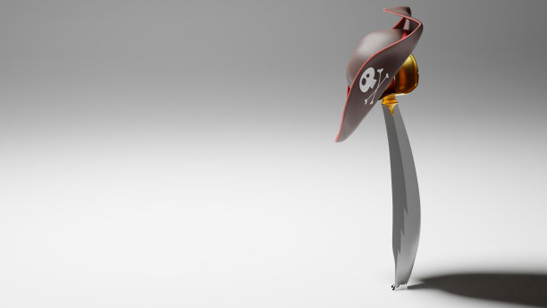 海盗军刀插在地板上，三角帽插在上面。文本的自由空间。从3 d渲染。图片下载