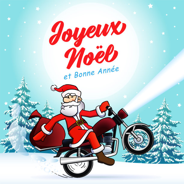 圣诞摩托车手快乐的Noel和bonne annee冬季卡片图片下载