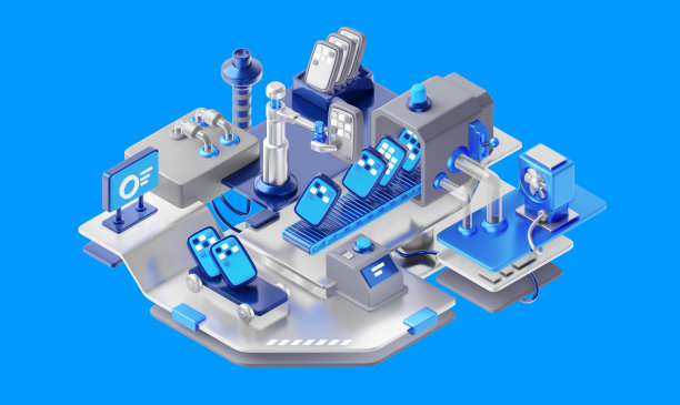 3d插图银工厂机器与输送和工程机械臂分类智能手机。现代工业手机的自动传送带制造技术图片下载