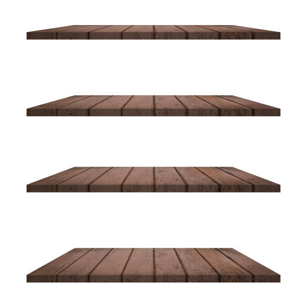 4木架桌子隔离在白色背景和显示蒙太奇产品。图片下载