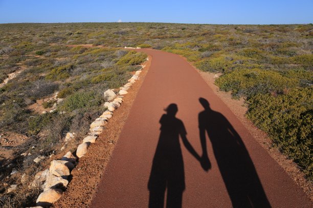 一对夫妇在小路上牵着手的影子图片下载