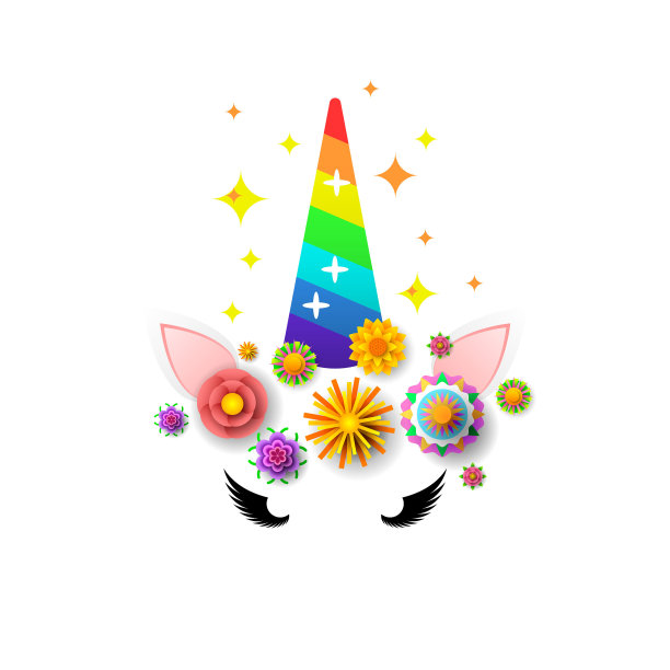 难以置信的抽象颜色可爱的独角兽角花彩虹阴影矢量设计卡风格图片下载