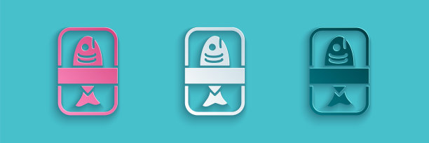 剪纸鱼塑料托盘容器与玻璃纸封面图标隔离在蓝色背景。纸艺术风格。向量图片下载