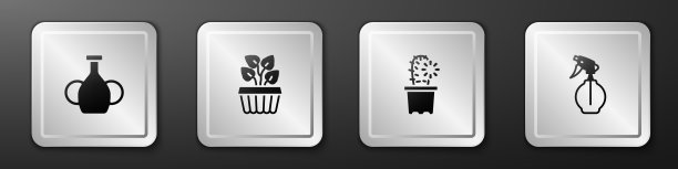 设置花瓶，盆栽室内植物常春藤，仙人掌仙人掌和水喷雾瓶图标。银广场按钮。向量图片下载