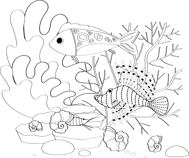 在线条艺术风格的图形珊瑚礁鱼图片下载